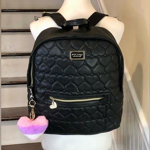 BETSEY JOHNSON Quilted Black Heart Backpack Floral Lining NEW Pom Pom Hang Tag
